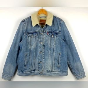 LEVIS Womens Blue Sherpa Lined Trucker 100% Cotton Denim Jacket L 19736-0